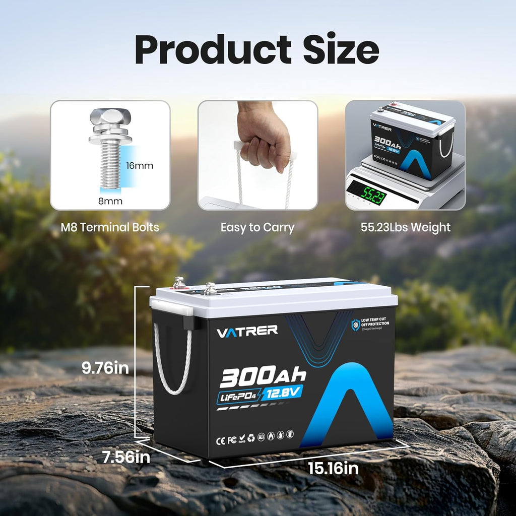 12V 300AH Low Temp Cutoff LiFePO4 Battery, Built in 200A BMS, Max 2560W Power Output, 5000+ Cycles Rechargeable Lithium Deep Cycle Battery, Perfect for RV/Camper, Backup Power, Solar and Off Grid