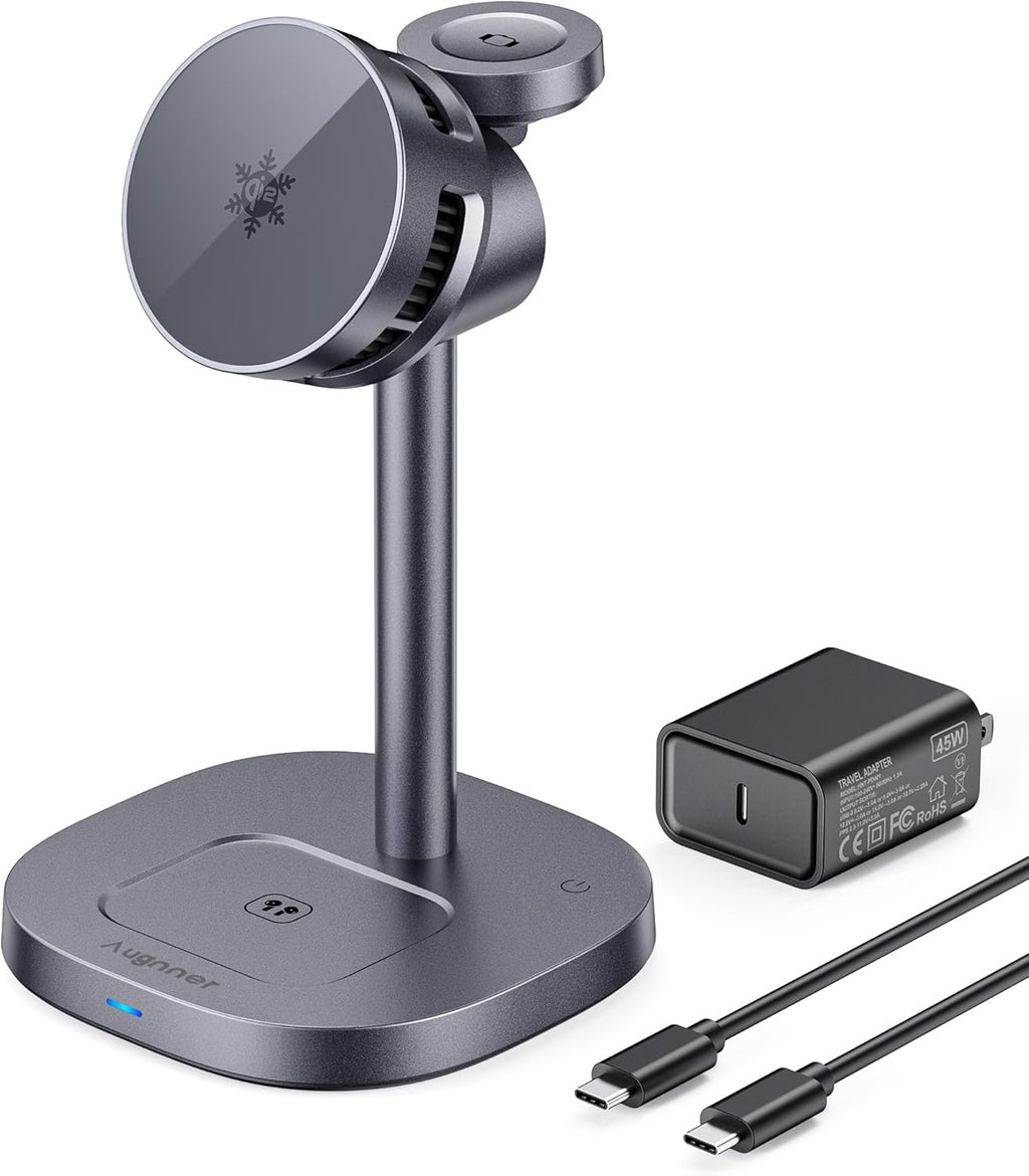 2025 New Magnetic Wireless Charger with Active Cooling, 15W Qi2 Fast 3 in 1 Charging Station for Apple Charger Stand, Wireless Charger for iPhone16/15/14/13/12 Series, Apple Watch, AirPods