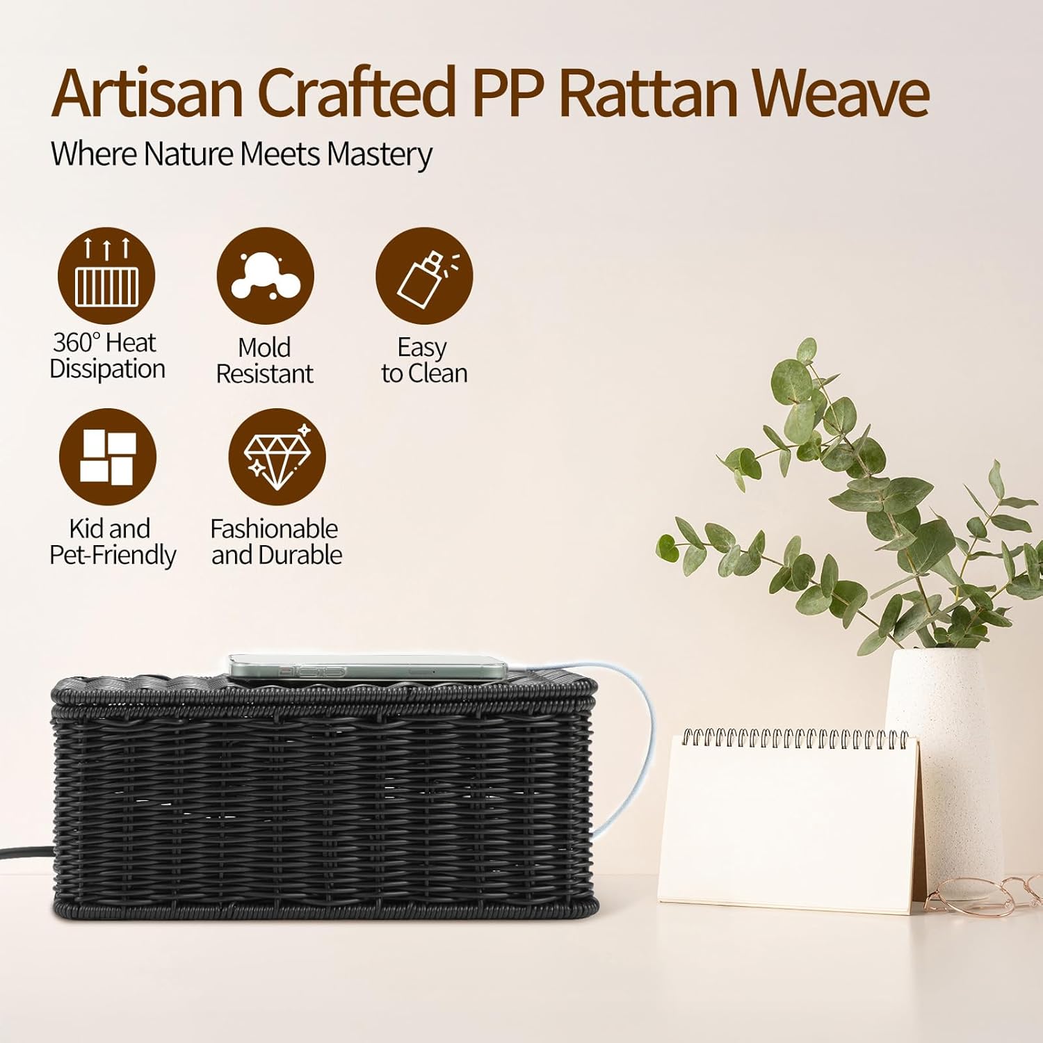 Delamu Handmade Rattan Cable Management Box, Cord Organizer with 2 Open Slots, Desk Cord Hider Box for Computer Router USB Hub Power Strip, 12.5" Lx 5.1" Wx 5.1" H, Black