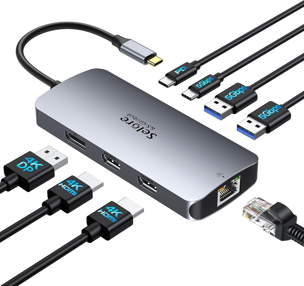 USB C Docking Station Dual Monitor, Selore Docking Station 3 Monitors Triple 4K Display with 2 HDMI, DisplayPort, 1 Gbps Ethernet, 100W PD Charging, USB 3.0 Ports Adapter for Dell, HP, Lenovo,etc