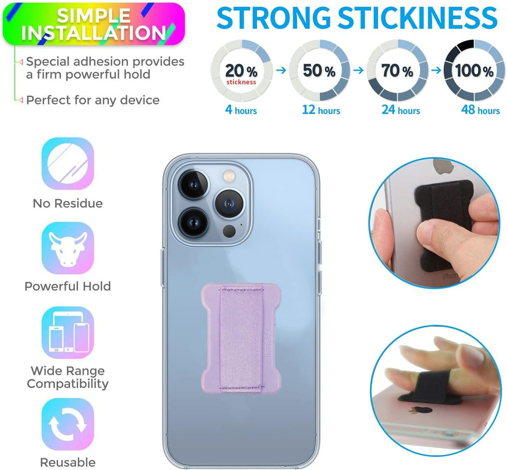 Universal Phone Grip for Smartphones - Phone Holder for Hand for Back of Phone - Wireless Charging Compatible (Black Purple) 2PC