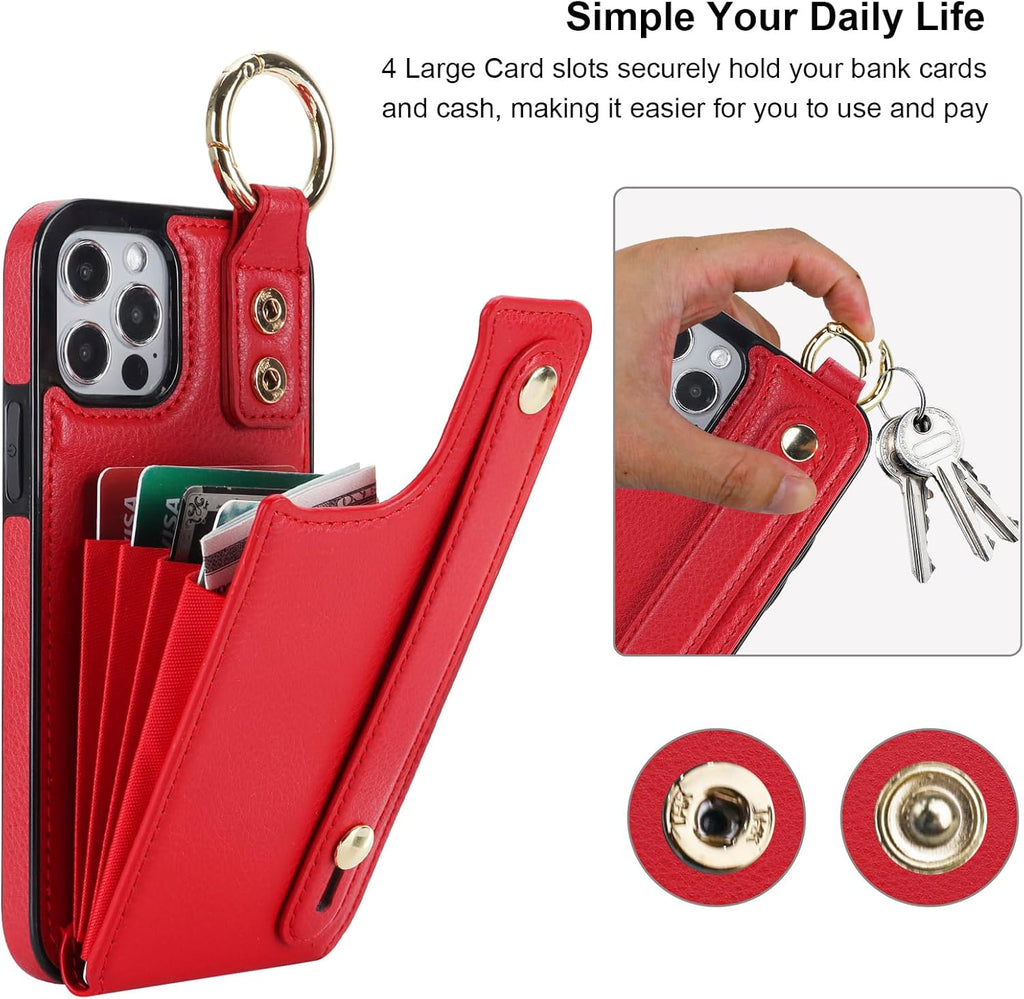Folosu for iPhone 12/12 Pro Wallet Case with Card Holder, Hand Wrist Strap Loop Holder Kickstand, RFID Blocking Finger Grip Ring PU Leather Double Buttons Shockproof Cover 6.1 Inch Red