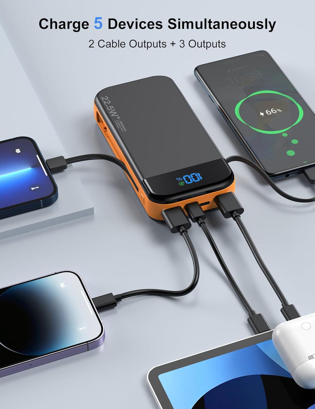 Portable Charger Power Bank 32000mAh with Built in Cables, PD3.0 USB C Fast Phone Charger, 5 Outputs LCD Display Travel Battery Pack Compatible with iPhone, Samsung All Cell Phones (Orange)