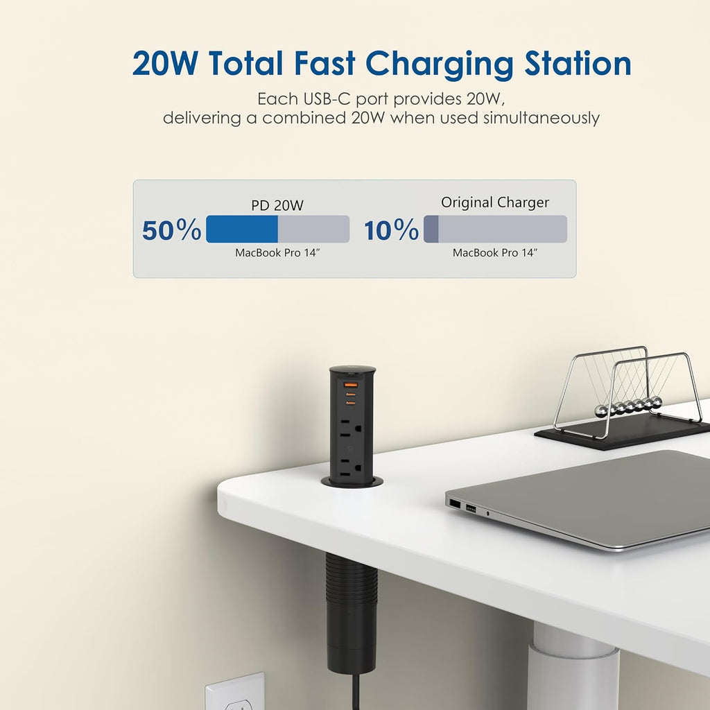 2 Inch Pop Up Outlet for Countertop,Power Grommet 2-inch Desk Wire Hole Insert,20W USB C,2 Outlets,2 USB C/1 USB A,Recessed Outlet,Desk Charging Station (Black, 6 FT Cable)