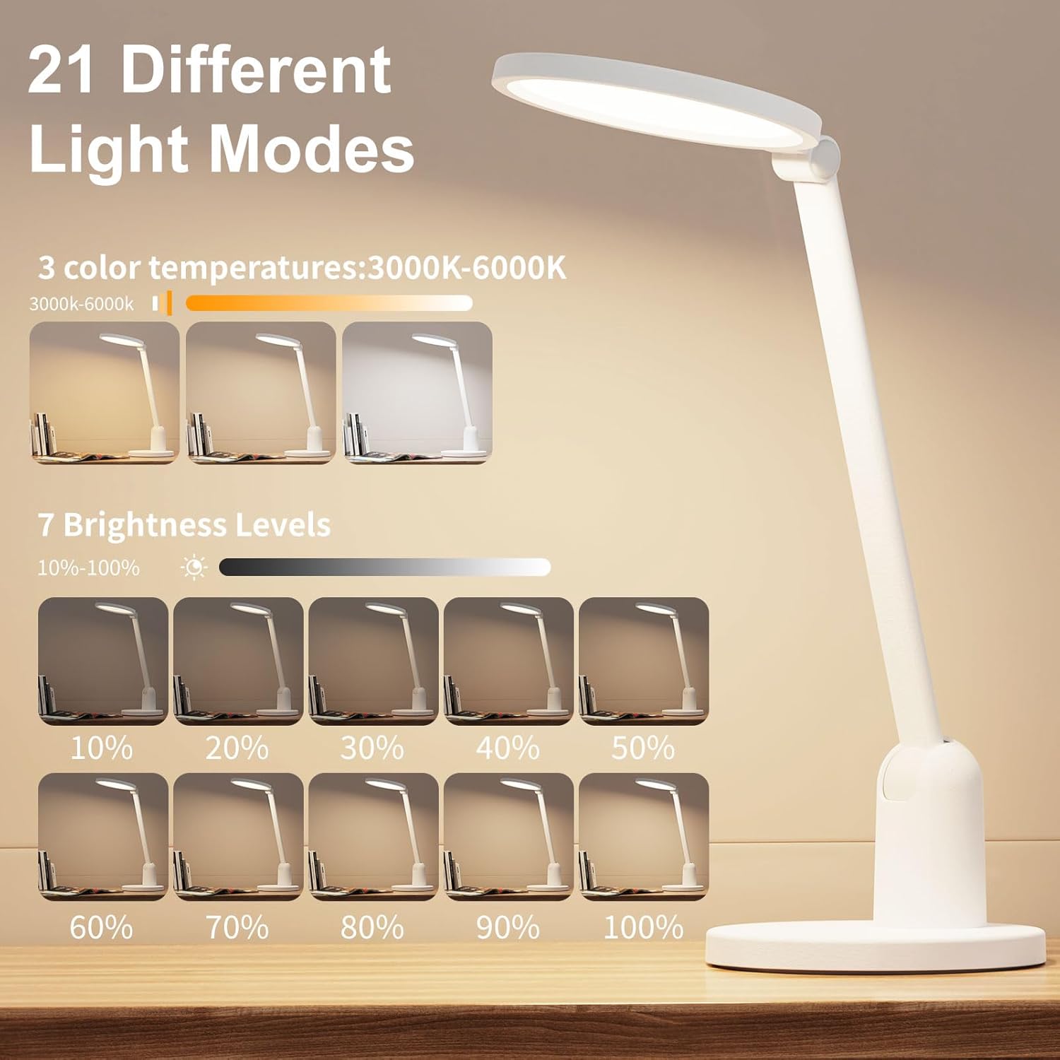 Desk Lamps for Home Office with Stable Base, 1000LM Ultra Bright Eye-Caring Desk Light, 3000K-6000K Dimmable Table Lamp with Stepless Dimming & Timing Function for Work, Reading, Bedroom, Bedside