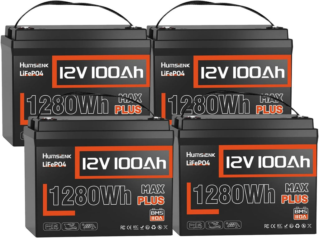 12V 100Ah LiFePO4 Battery MAX PLUS 4 Pack - 110A BMS with Low Temp Cutoff | 15000+ Deep Cycles for RV Solar Marine Trolling Motor | Off-Grid Backup Power Rechargeable Lithium Iron Phosphate Battery