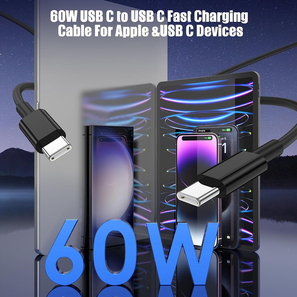 3-Pack Black [3.3FT+6.6FT+10FT] 60W USB C to USB C Cable, Type C Fast Charging Cable for iPhone 16 15 Pro Plus Pro Max，for Galaxy S24 S23, for iPad Pro/Air, for MacBook Pro/Air and More