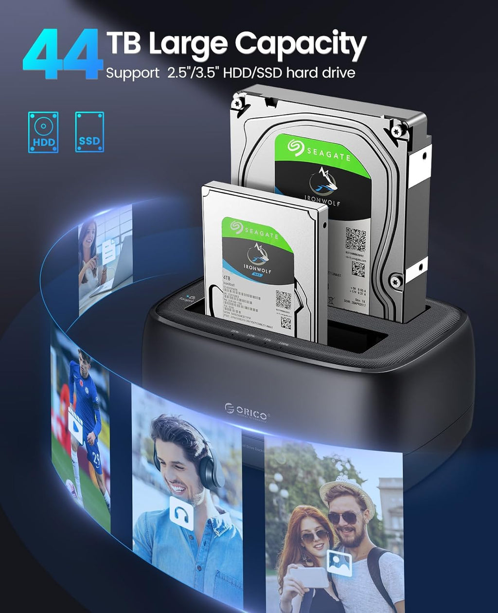 ORICO Hard Drive Docking Station Dual Bay USB 3.0 to SATA with Duplicator/Offline Clone Function External Hard Drive Dock for 2.5''/3.5'' HDD SSD Max Up to 44TB Support UASP Plug&Play-DD-C