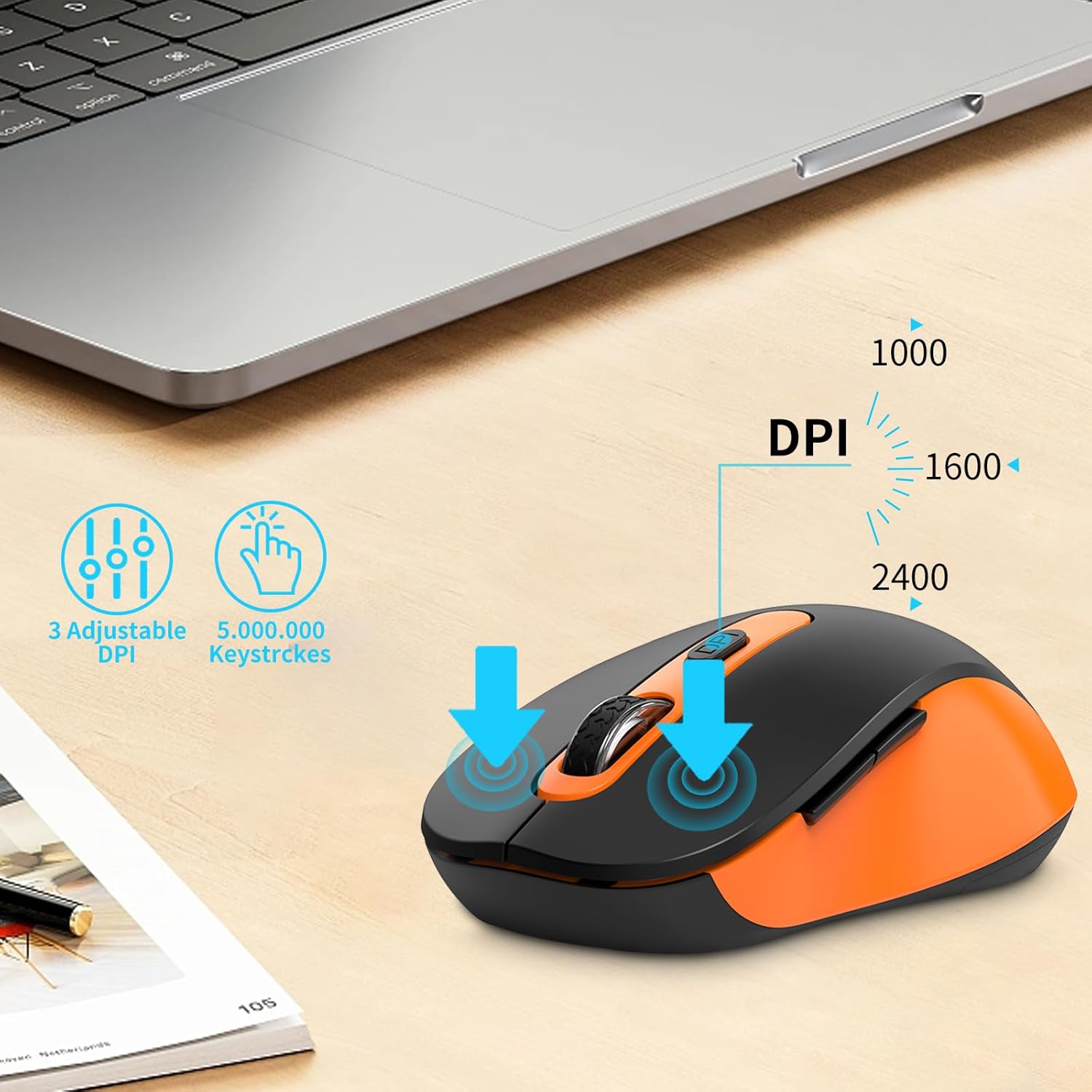 Wireless Mouse for Laptop, PC, Chromebook, Mac, MacBook, Silent Mouse with USB Nano Receiver, Side Button, 2400 DPI, Anti Slip Roller, 6 Button Ergonomics Cordless Computer Mice - Black Orange