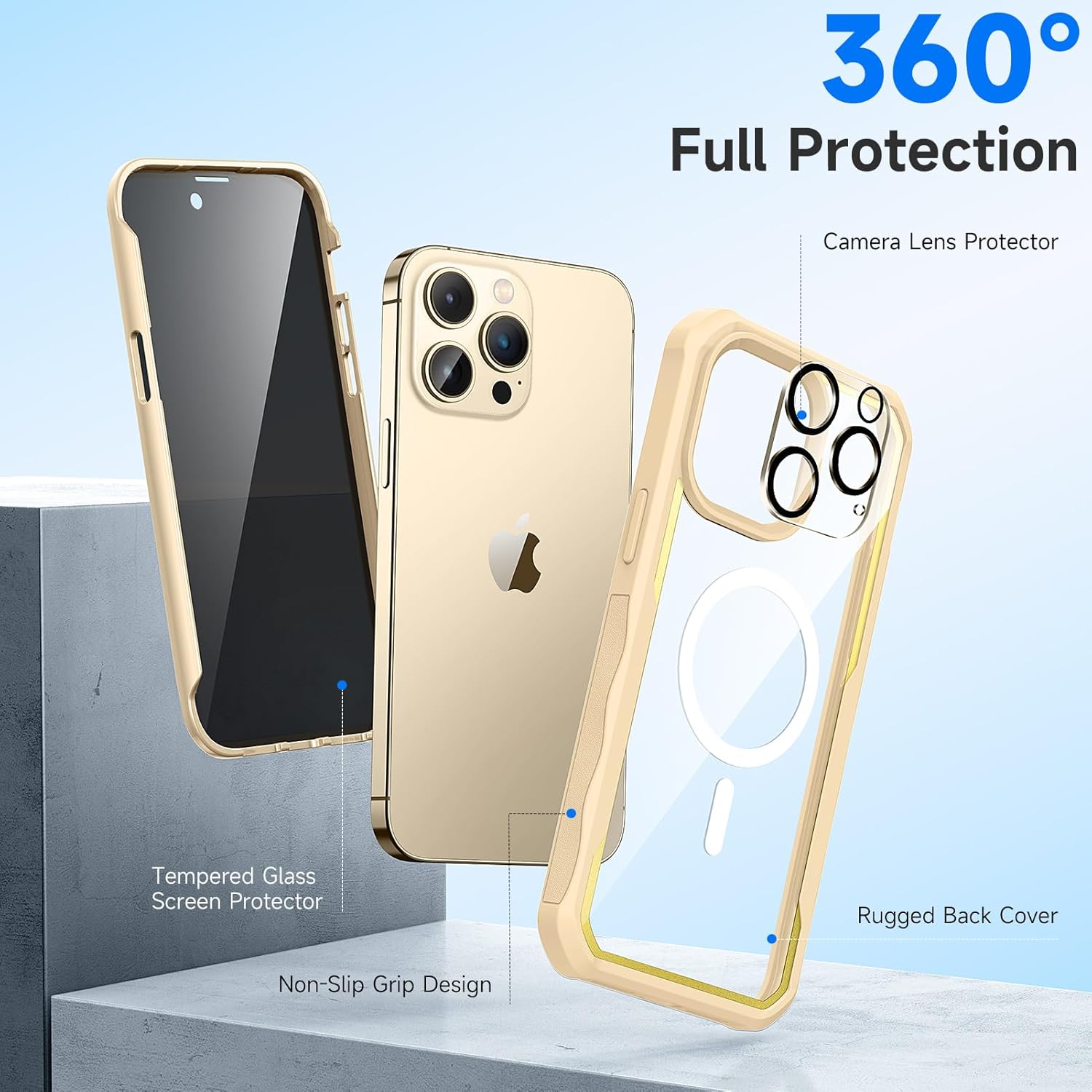 seacosmo for iPhone 14 Pro Max Case, Full Body Bumper with Built-in 9H Tempered Glass Privacy Screen Protector and Camera Lens Protector, Compatible with MagSafe, Shockproof Phone Case, 6.7", Gold