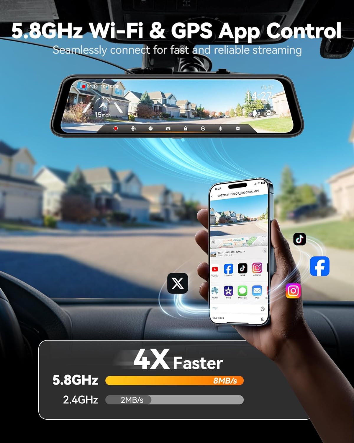 WOLFBOX G850 PRO 4K Mirror Dash Cam with ADAS and BSD, Smart Rear View Mirror with 5.8GHz WiFi, Voice Control, 12 inches Camera Includes 64GB Card, GPS, G-Sensor, Loop Recording