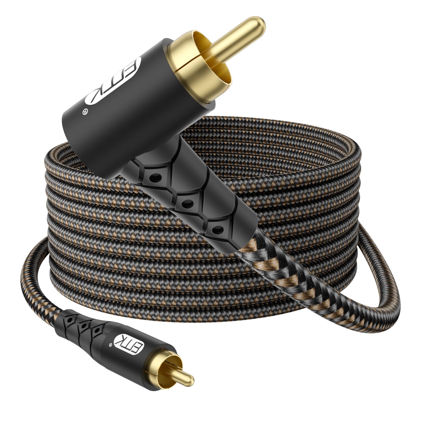 EMK 90 Degree RCA Subwoofer Cable 24K Gold-Plated Connector Nylon Braided Double Shielded – Support Digital & Analog Signals for Amplifier, Home Theater, Hi-Fi System,Subwoofer Black/50ft/15m