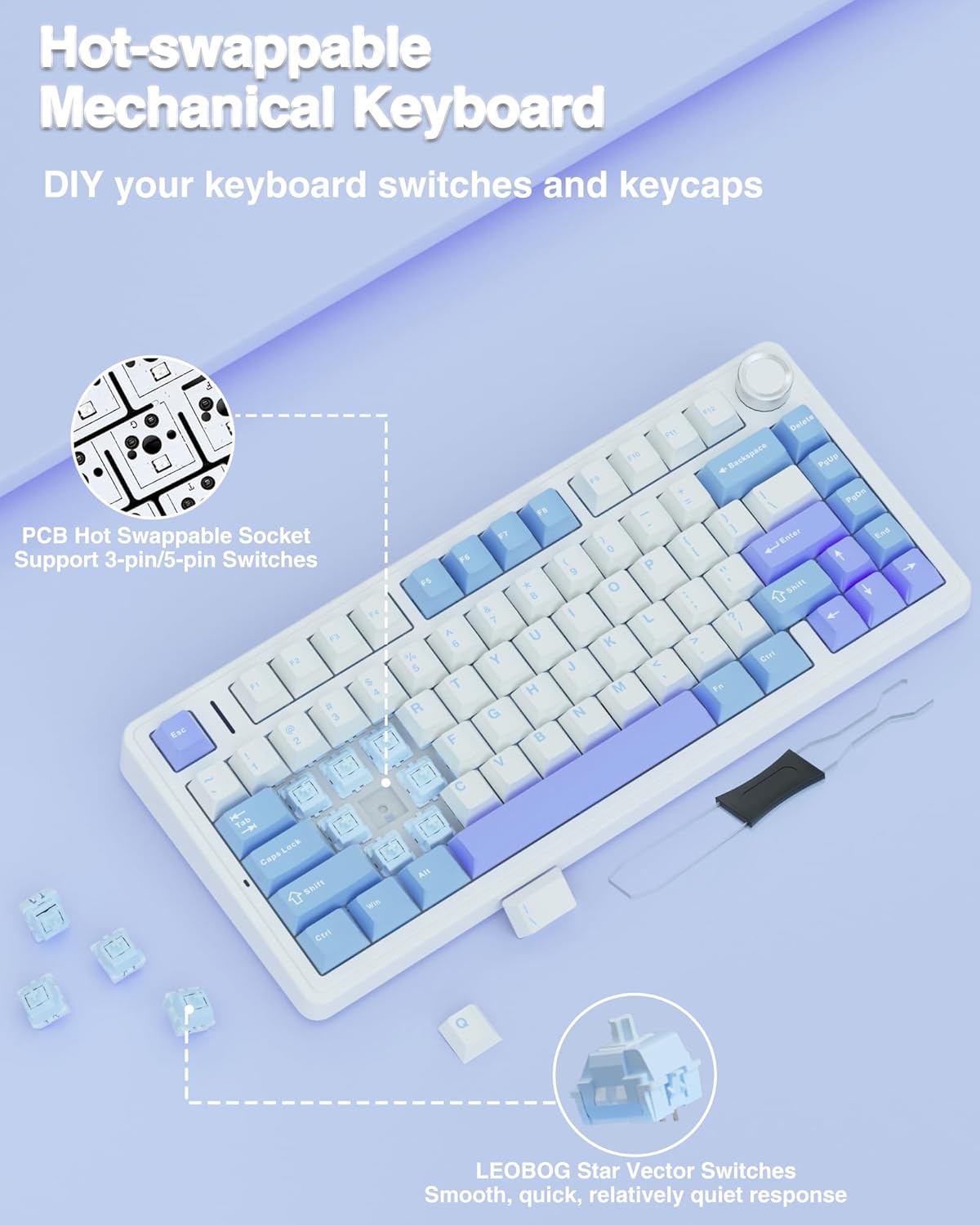 AULA F75 75% Wireless Mechanical Keyboard, Hot Swappable Creamy Keyboard, Pre-lubed Star Vector Switches RGB Backlit Gaming Keyboards, 2.4GHz/Type-C/BT5.0(White&Blue&Purple)
