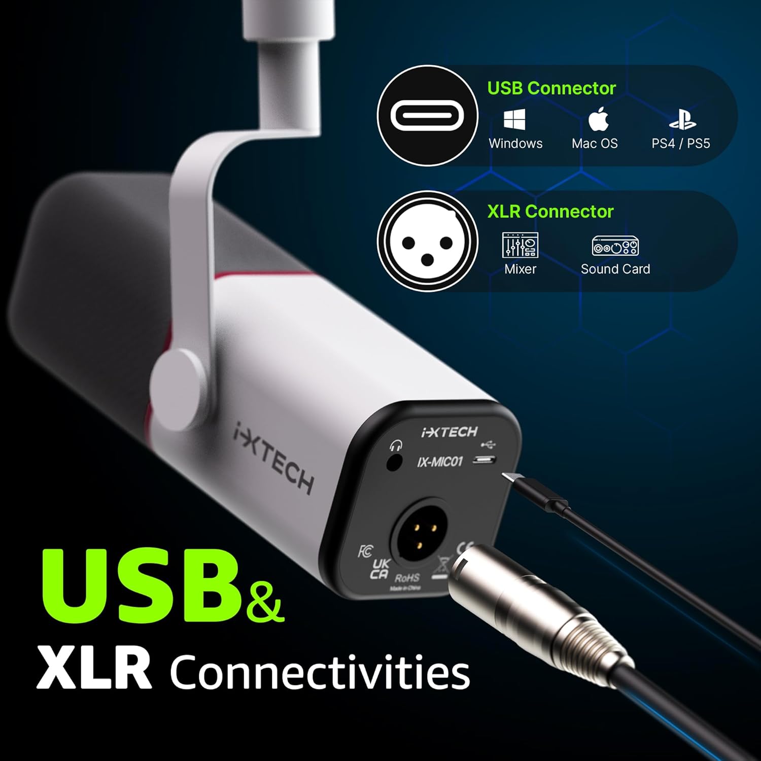 IXTECH Cardioid Dynamic Microphone with Mic Cover, Vocal USB XLR Microphone for Podcasting, Streaming, Recording, Gaming and Voice-Over (White)