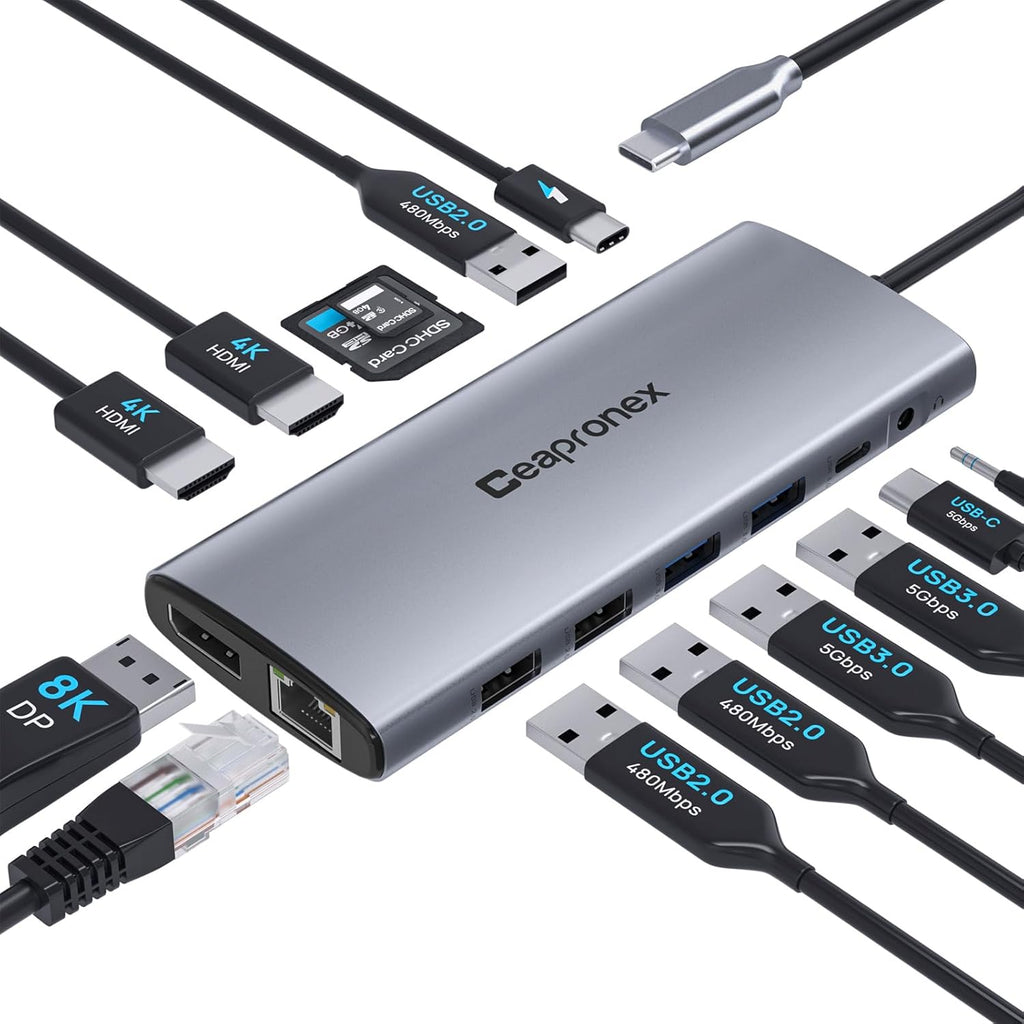 USB C Docking Station UBS C Hub for Laptop Dual Monitors 14 in 1 Multiport Dongle Dock with 2* HDMI +DP+USB C/A 100w PD+Ethernet+Data Transfer for MacBook/HP/Dell/Lenovo Thinkpad/iPad/Mac