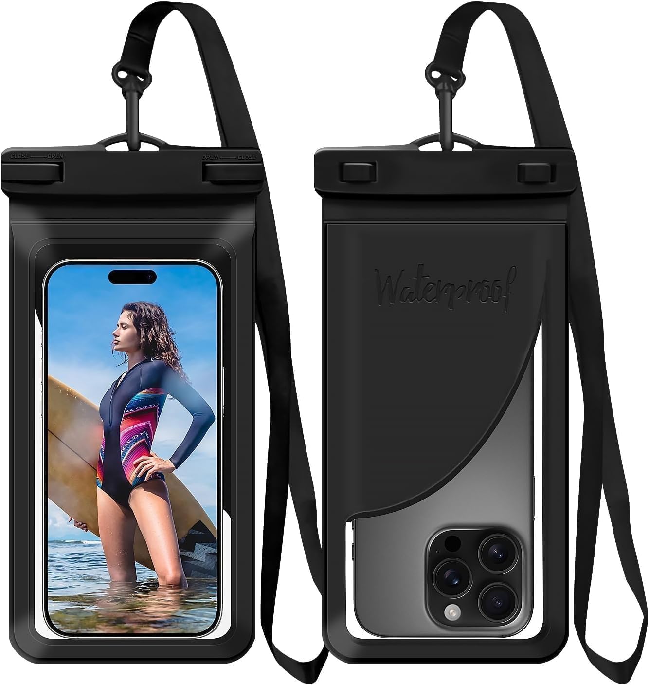 Waterproof Phone Pouch, with Inside Card Bag, Large Waterproof Case for iPhone 16 15 14 13 Pro Max,IPX8 Certified Lightweigt Cellphone Dry Bag, Beach Cruise Ship Essentials, 1 Pack-Black-8.3″