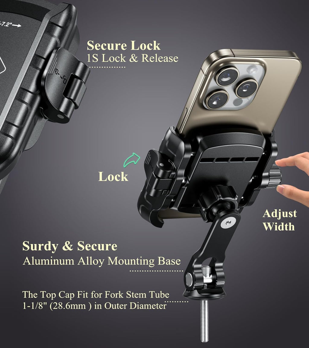 BRCOVAN Bike Fork Stem Phone Mount Holder [Camera Friendly] [1s Lock & Release] Adjustable Bicycle Headset Top Cap Cellphone Cradle with Solid Aluminum Mounting Base Fit 5.4'' - 7.2" Smartphones