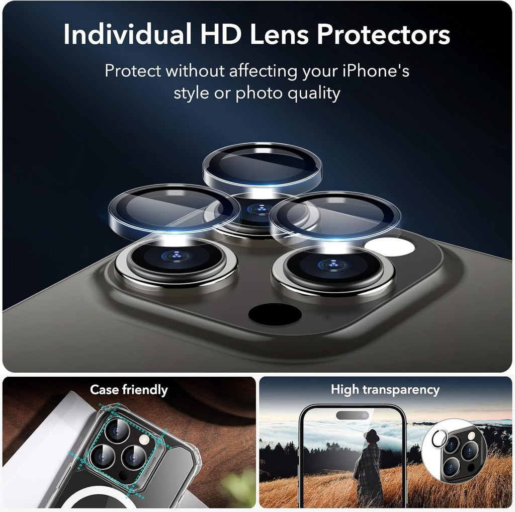 ESR 3+1 Pack for iPhone 15 Pro Screen Protector, [9H Hardness] [Military Grade Shatterproof] Full Coverage Ultra-tough Tempered Glass Film with Easy Installation Frame, 1 Set of Camera Lens Protector
