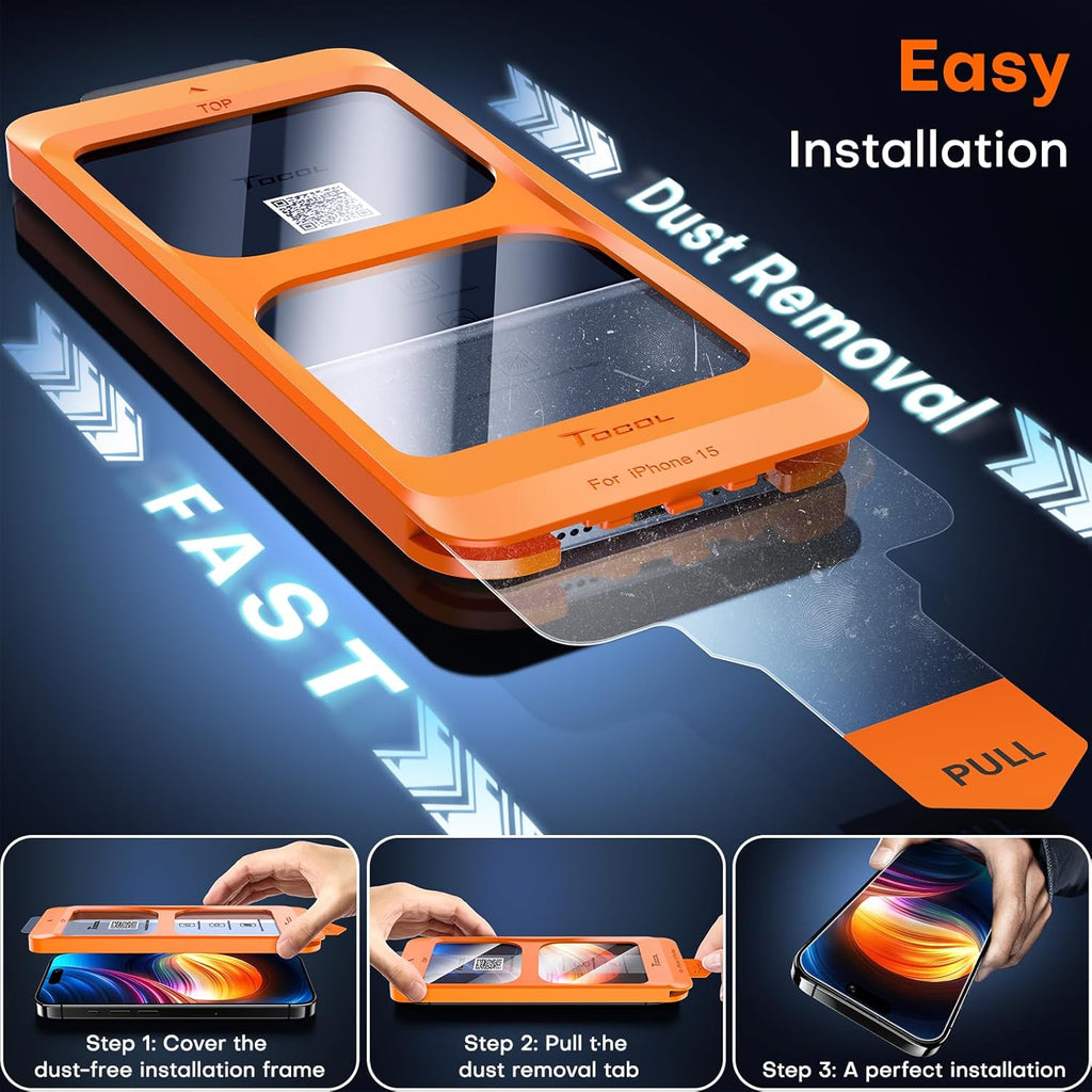 TOCOL for iPhone 15 Screen Protector 9H Hardness Military Grade Shatterproof HD Tempered Glass Full Coverage Easy Installation Case Friendly 2 Pack