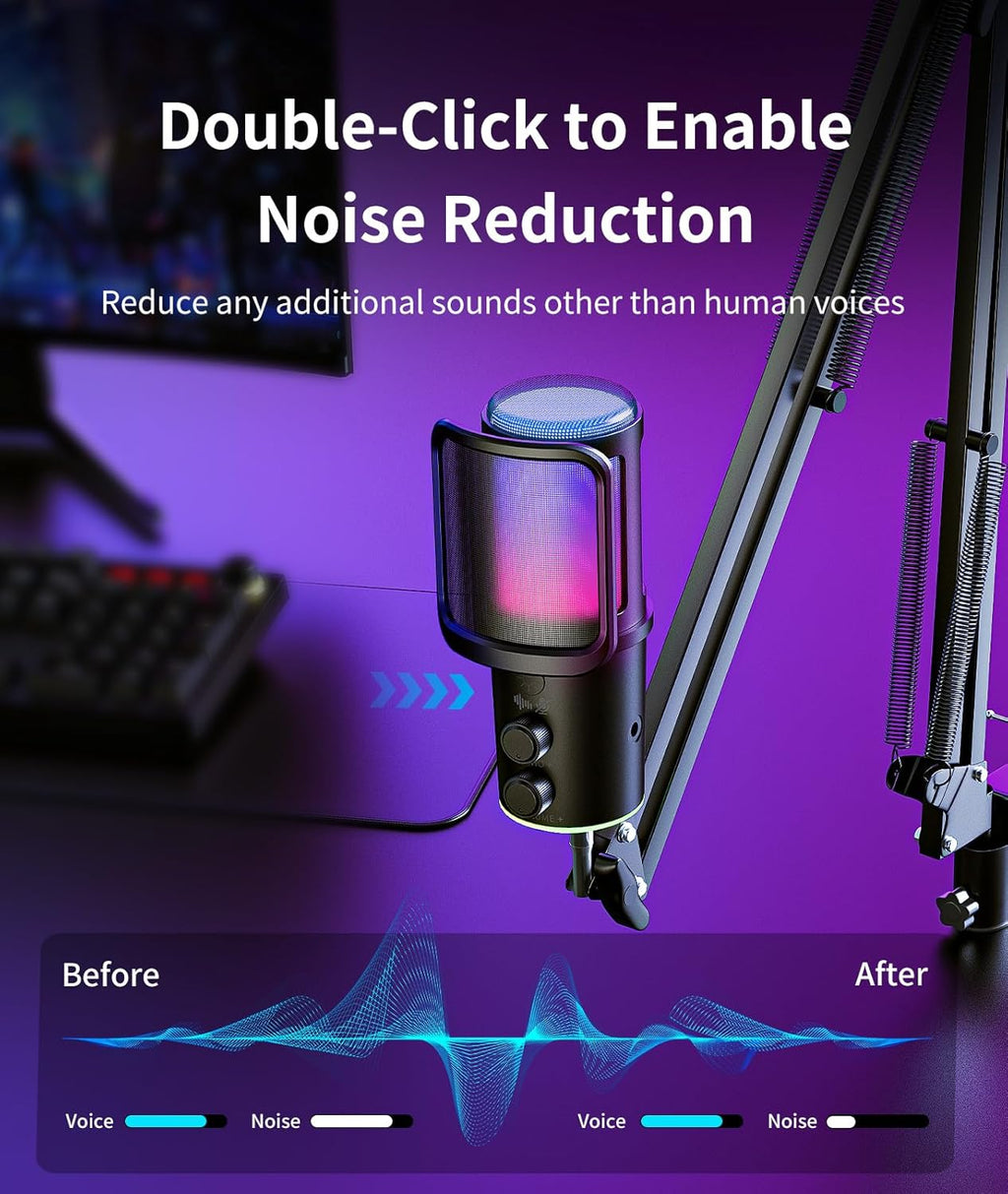 Gaming USB Microphone Kit with Boom Arm - RGB Condenser Mic with Noise Cancellation, Mute Button Reverb Adjustment, Monitoring for Streaming, Podcasting, Discord, YouTube
