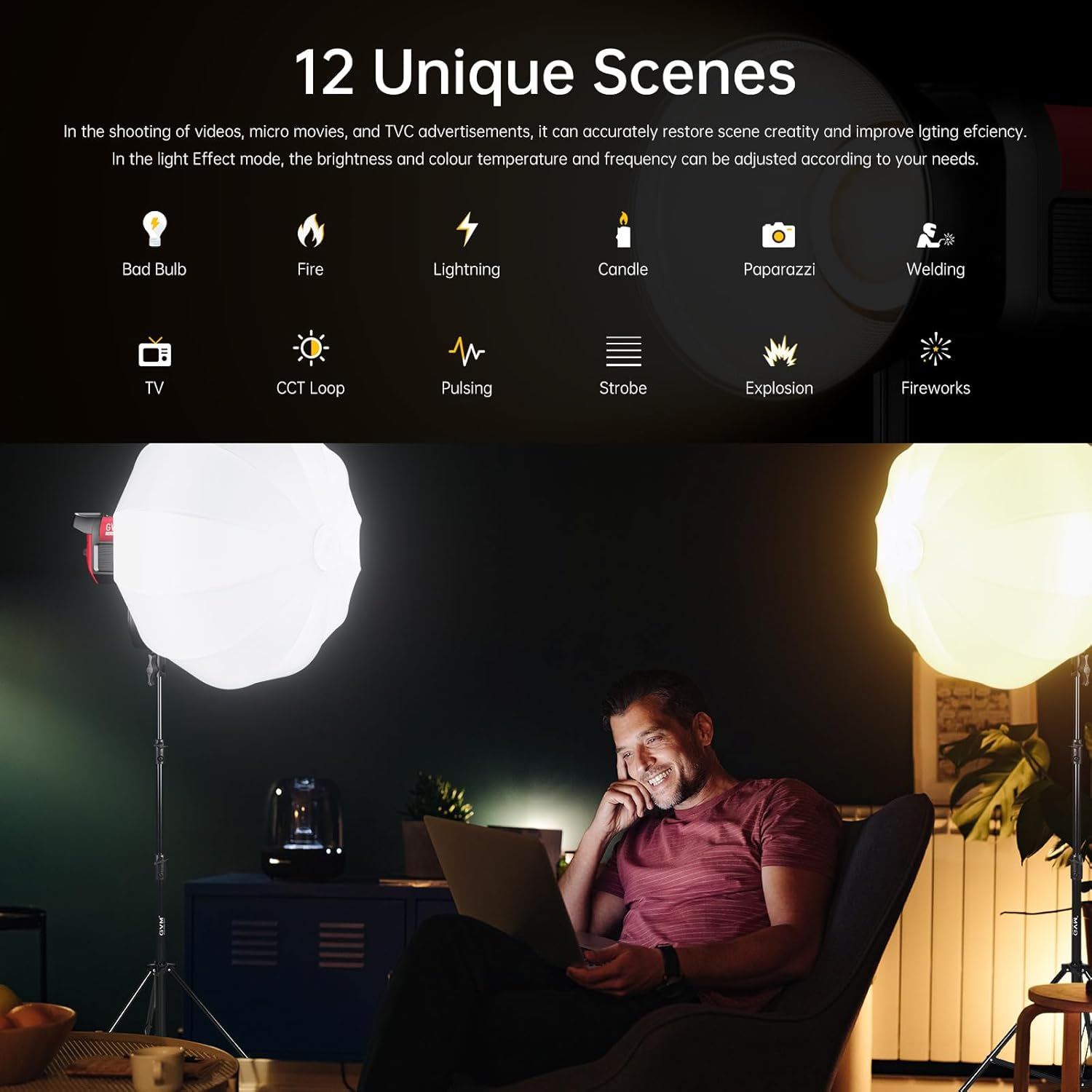GVM 300W Photography Lighting Bi-Color Video Light with Bowens Mount Lantern Softbox and Stand CRI 97+ CCT 2700K~6800K 12 Lighting Scenes App Control Studio Lights for Photography