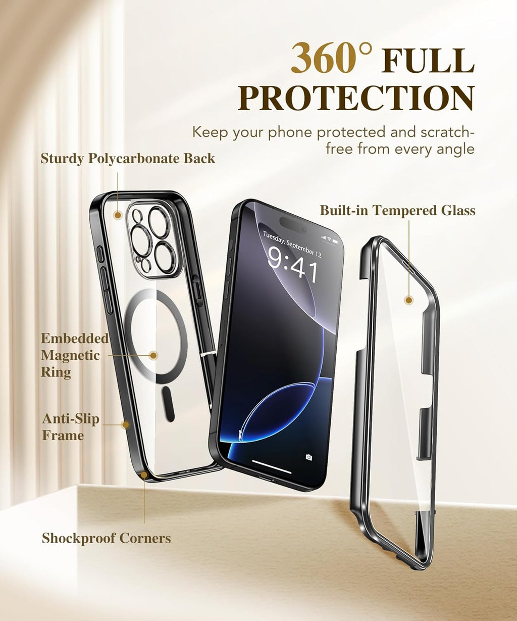 BERFY Magnetic for iPhone 16 Pro Case, Compatible with Magsafe, Built-in 9H Tempered Glass Screen Protector & Upgraded Camera Protection, Full-Body Plating Shockproof Phone Case for 16 Pro 6.3", Black