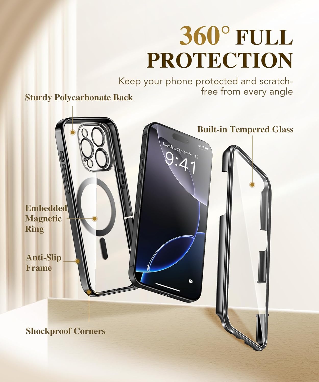 BERFY Magnetic for iPhone 16 Pro Case, Compatible with Magsafe, Built-in 9H Tempered Glass Screen Protector & Upgraded Camera Protection, Full-Body Plating Shockproof Phone Case for 16 Pro 6.3", Black