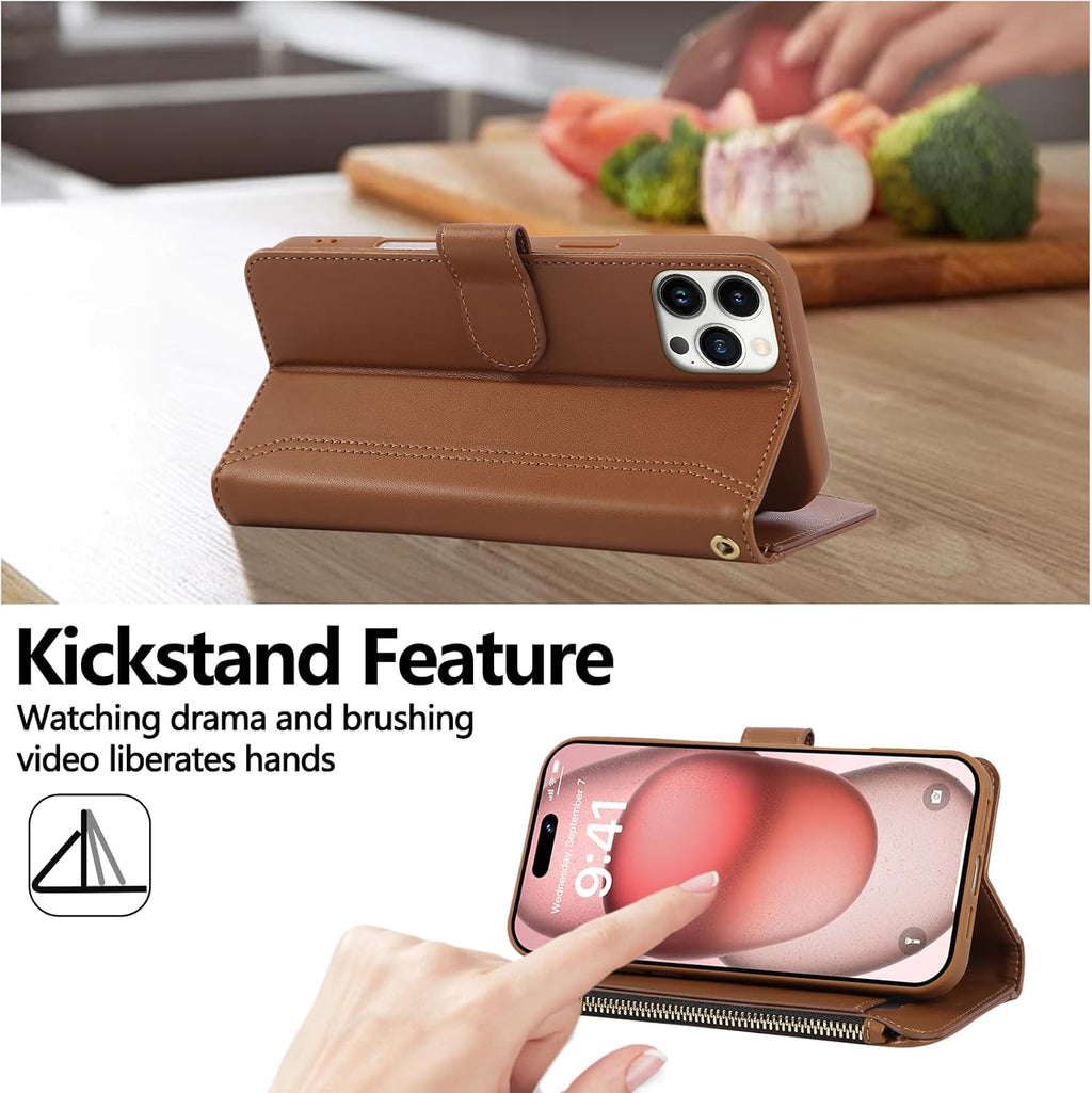 Compatible with iPhone 13 Pro Wallet Phone Case-PU Leather Magnetic Flip Cover with Credit Card Slots,Zipper Pocket & Detachable Wrist Strap,Shockproof Design,for Women and Men-Brown