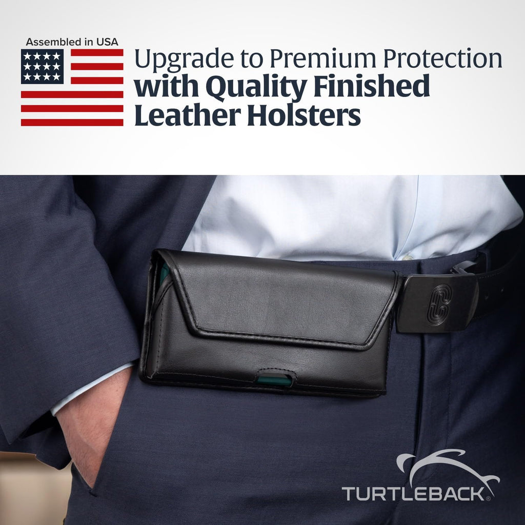 Turtleback Belt Holder for iPhone 16 Pro Max, 15 Pro Max, 14 Pro Max -Small- Fits w/Slim MagSafe Style Cases, Premium Black Leather Horiz. Belt Holster, Magnetic Closure, Leather Wrapped Clip