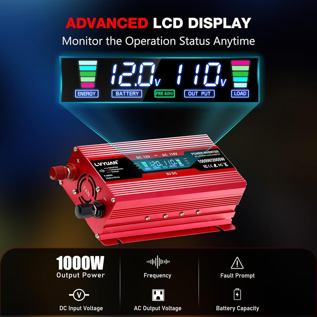 LVYUAN 1000W Car Power Inverter 12V to 110V / 120V DC to AC with 2 US Sockets, Cigarette Lighter, LCD Display, USB Ports for Car, Home, Outdoor, Camping