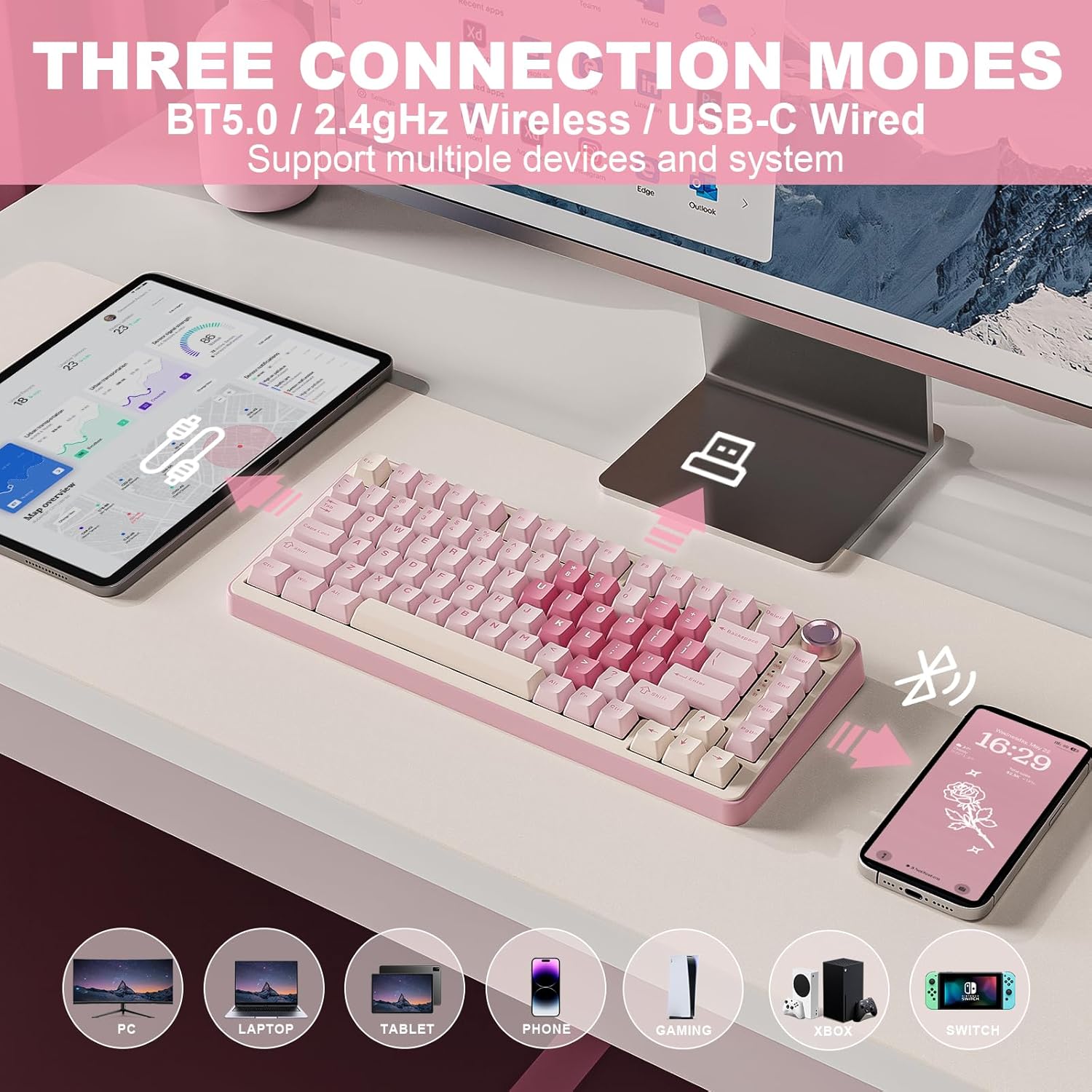 YUNZII B75 PRO Wireless Mechanical Keyboard,75% Layout with Knob,Hot Swap Gasket Custom Structure,Creamy Pre-lubed Switches,RGB Backlit,Bluetooth/Type-C/2.4G for Win/Mac(Cocoa Cream V2 Switch,Pink)