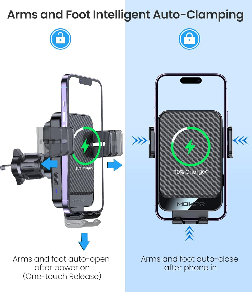 Wireless Car Charger, MOKPR 15W Fast Charging Auto-Clamping Car Mount Universal Hands-Free Car Charger Mount for Dash Windshield Air Vent Compatible with iPhone 15/14/13/12, Samsung S23/S22/S21 Black