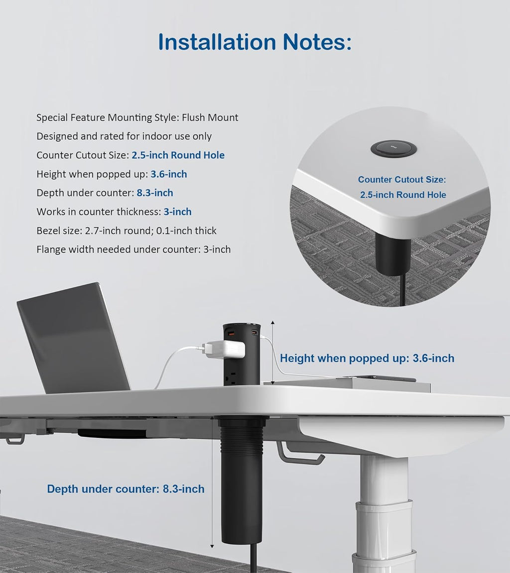 Pop up Outlet for Countertop,2.5 Inch Hole Desktop Power Grommet,Recessed Power Strip,20W USB C Fast Charging,4 Outlets 4 USB Ports,15Amp Tamper Resistant Receptacle for Home,Kitchen,Office Black