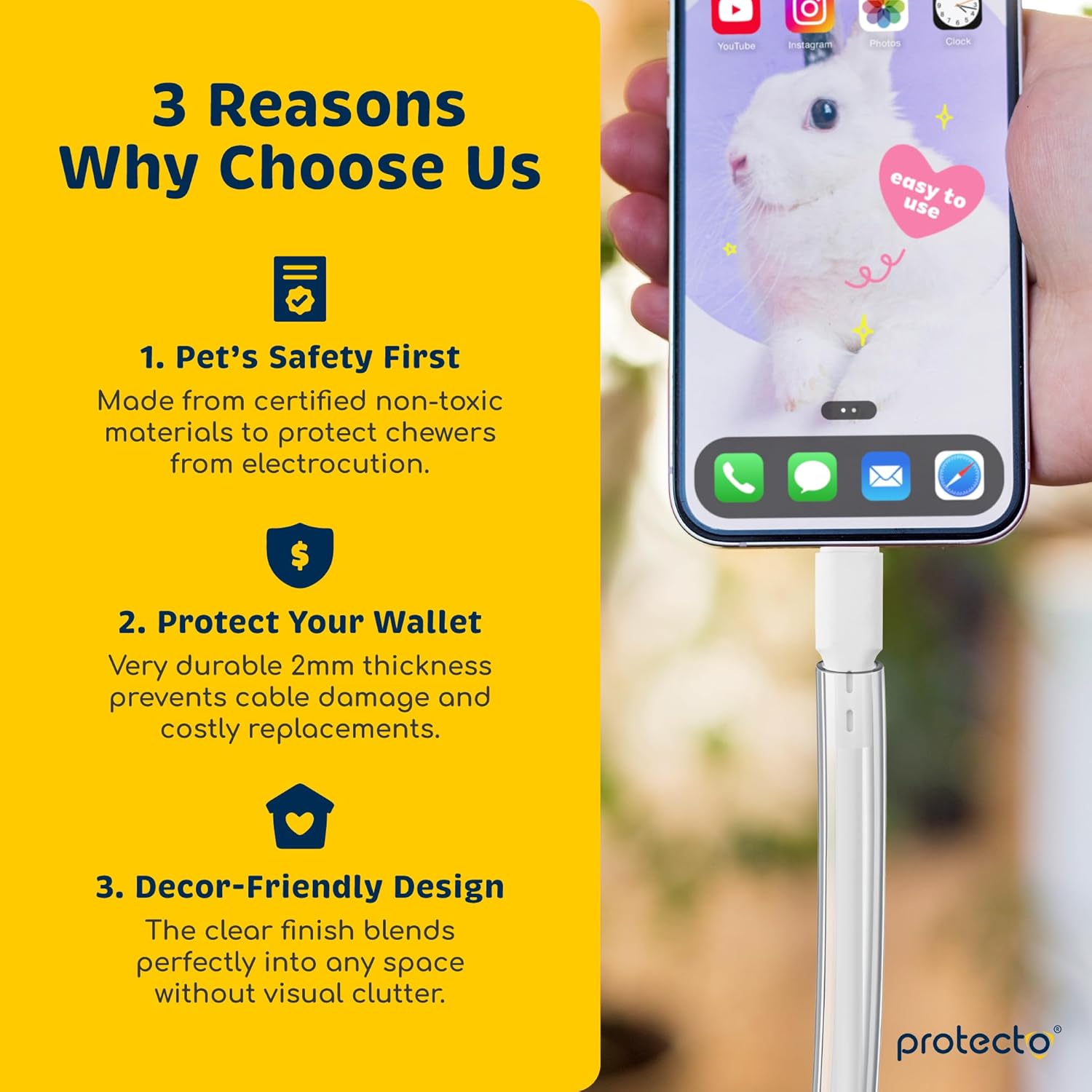 PROTECTO 2-Pack Heavy Duty Cord Protectors from Pets No Chew Solution, 10ft Easy to Use Dog & Cat Cord Protector, Clear & Odorless Critter Cord Covers for Pets, Power Audio Video Wire Protector Tubing