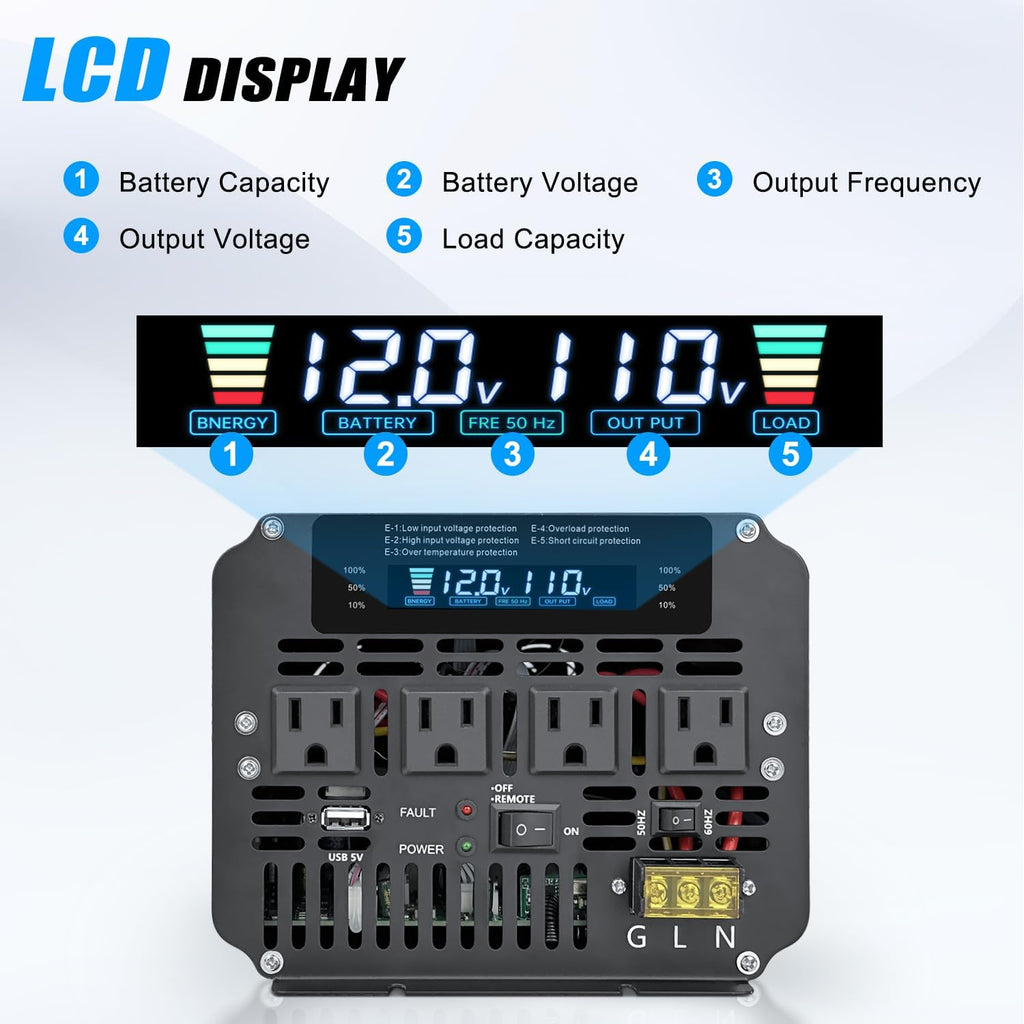 LVYUAN 5000 Watt Power Inverter 12V to 110V 120V for Vehicle, Solar Inverter System, Heavy Duty, RV, Truck, Off Grid,Camping with 4 AC Outlets, LCD Display, Wireless Remote Control, Car Power Inverter