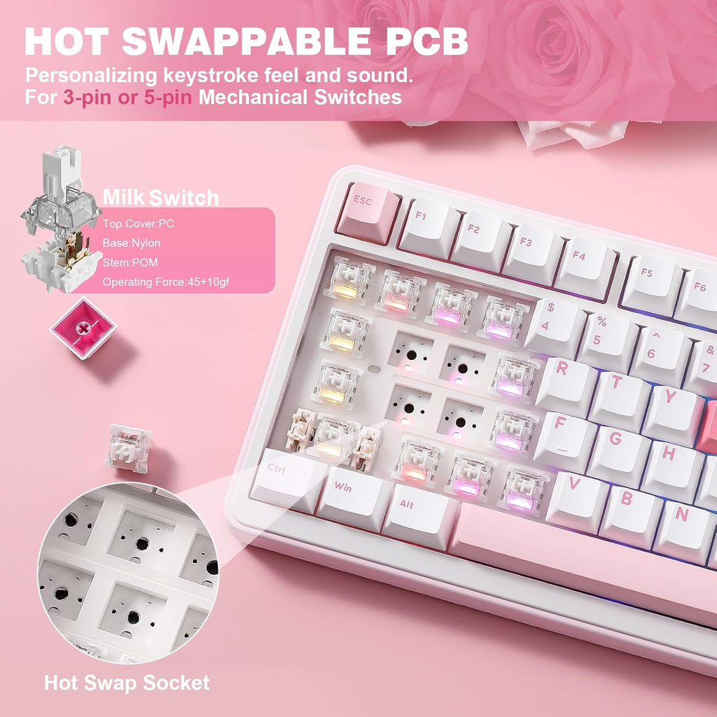YUNZII B75 PRO Wireless Mechanical Keyboard,75% Layout with Knob,Hot Swap Gasket Structure,Creamy Pre-lubed Switches,RGB Backlit,Bluetooth/Type-C/2.4G for Win/Mac (White, Milk Switch)