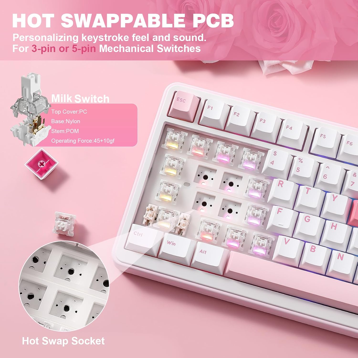 YUNZII B75 PRO Wireless Mechanical Keyboard,75% Layout with Knob,Hot Swap Gasket Structure,Creamy Pre-lubed Switches,RGB Backlit,Bluetooth/Type-C/2.4G for Win/Mac (White, Milk Switch)