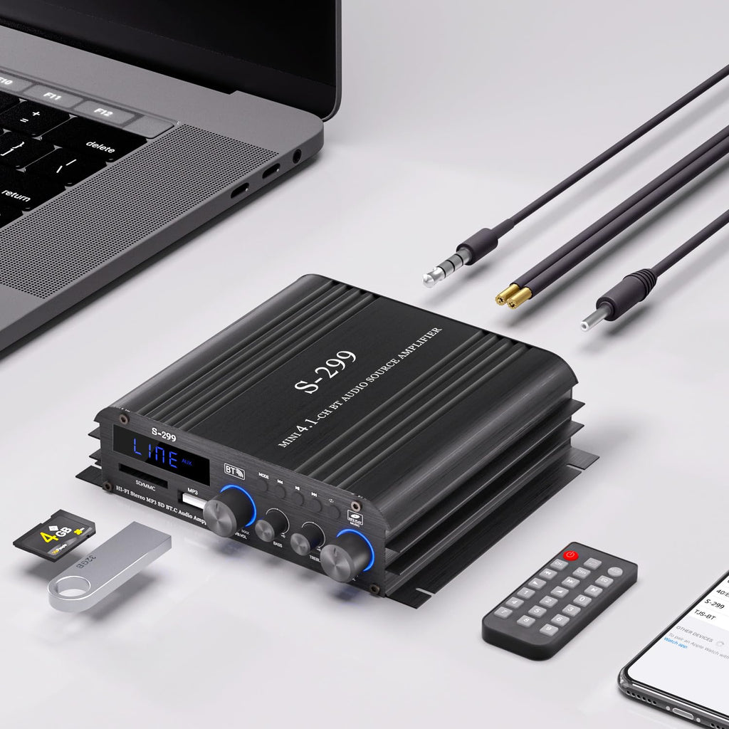 Facmogu S-299 4.1CH Bluetooth Power Amplifier with Active Subwoofer Output (NOT Passive Subwoofer), Max 800W RMS 40Wx4 Subwoofer Amplifier Hi-Fi Integrated Mini Speaker Amp Audio Sub Bass Amp