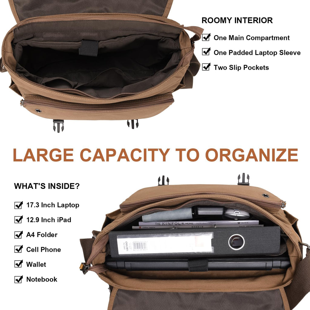 ESTARER Messenger Bag 17-17.3 Inch, Men's Computer Bag Water-resistant Canvas, Laptop Shoulder Bag for Travel Work College, Brown