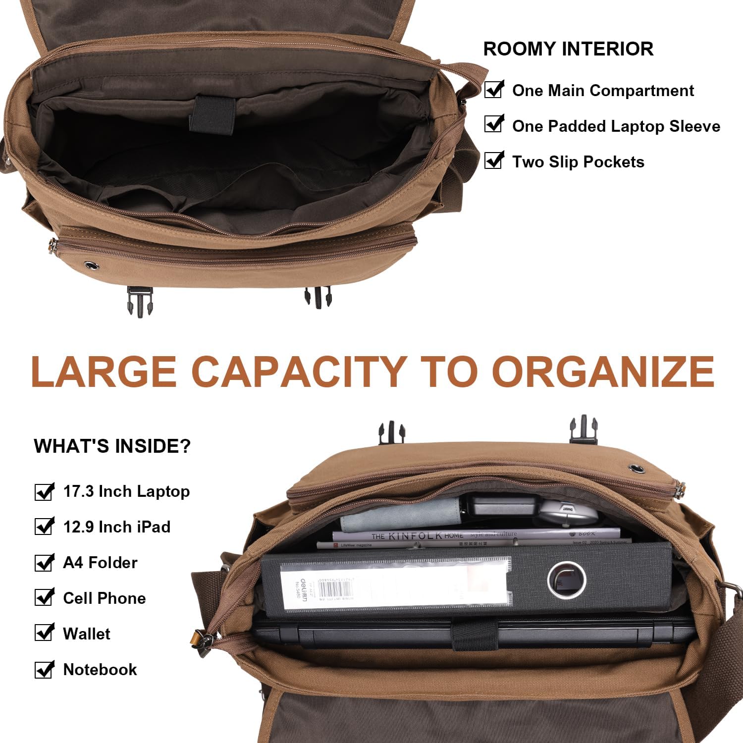 ESTARER Messenger Bag 17-17.3 Inch, Men's Computer Bag Water-resistant Canvas, Laptop Shoulder Bag for Travel Work College, Brown