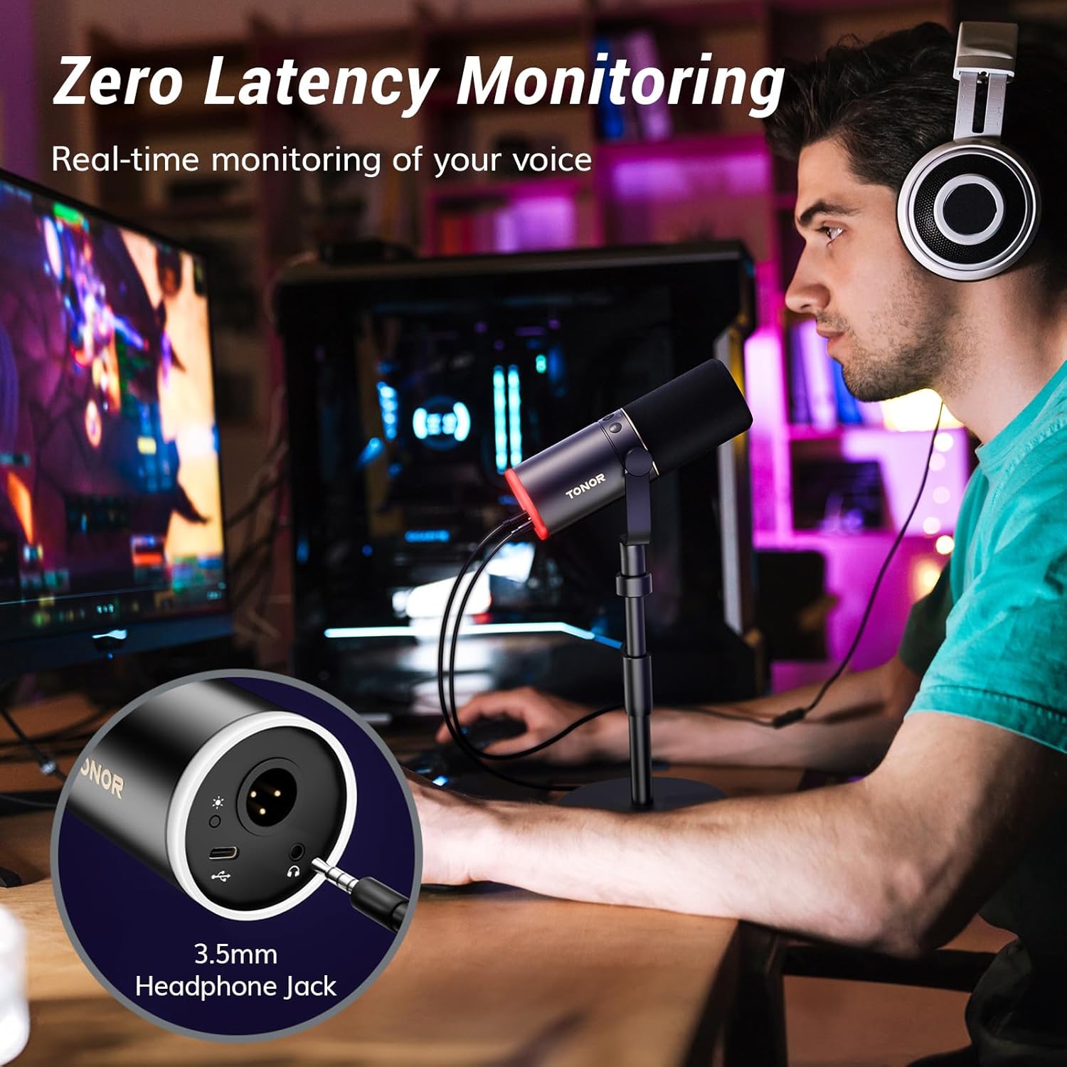 TONOR XLR/USB Gaming Mic, Dynamic Microphone for Podcast Recording Streaming with RGB Light, Mute Button, Headphones Jack, Monitoring, Desktop Stand, Metal Vocal Mic for PC Mac Android PS4/5 TD520S