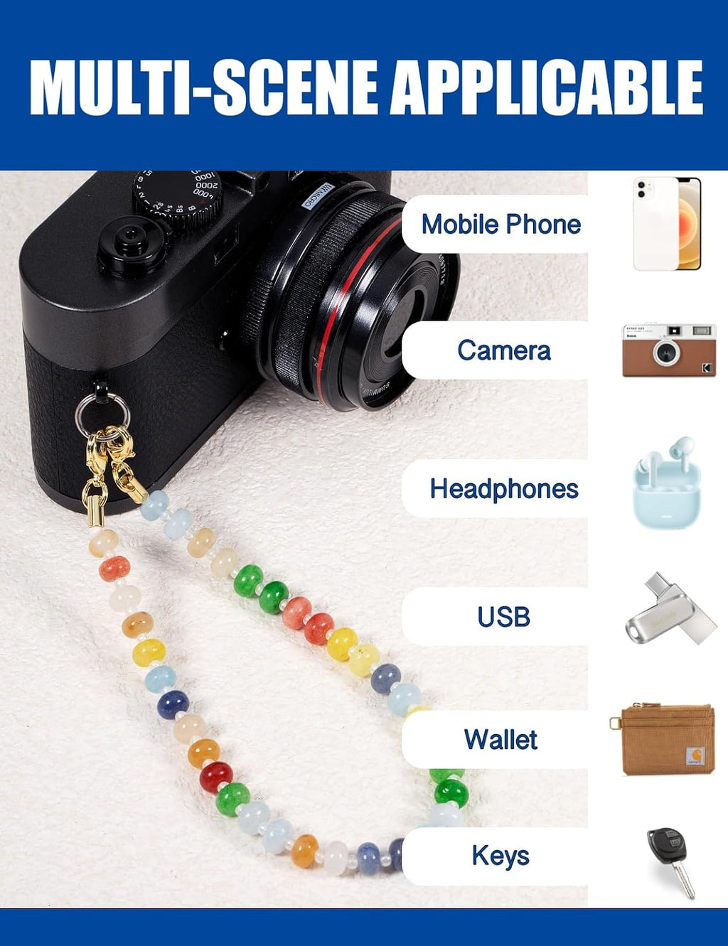 Handmade Natural Gemstone Crystal Beaded Charm Cell Phone Camera Lanyard, Hands-Free Wrist Strap, Phone Chain String, Keychain Decor for Walle (Colorful Candy)