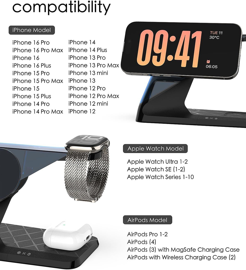 3 in 1 Charging Station for Apple Devices, Mag-Safe Charger Stand, Wireless Charger for iPhone 16/15/14/13/12 Series,& AirPods,& iWatch, Adapter Not Included