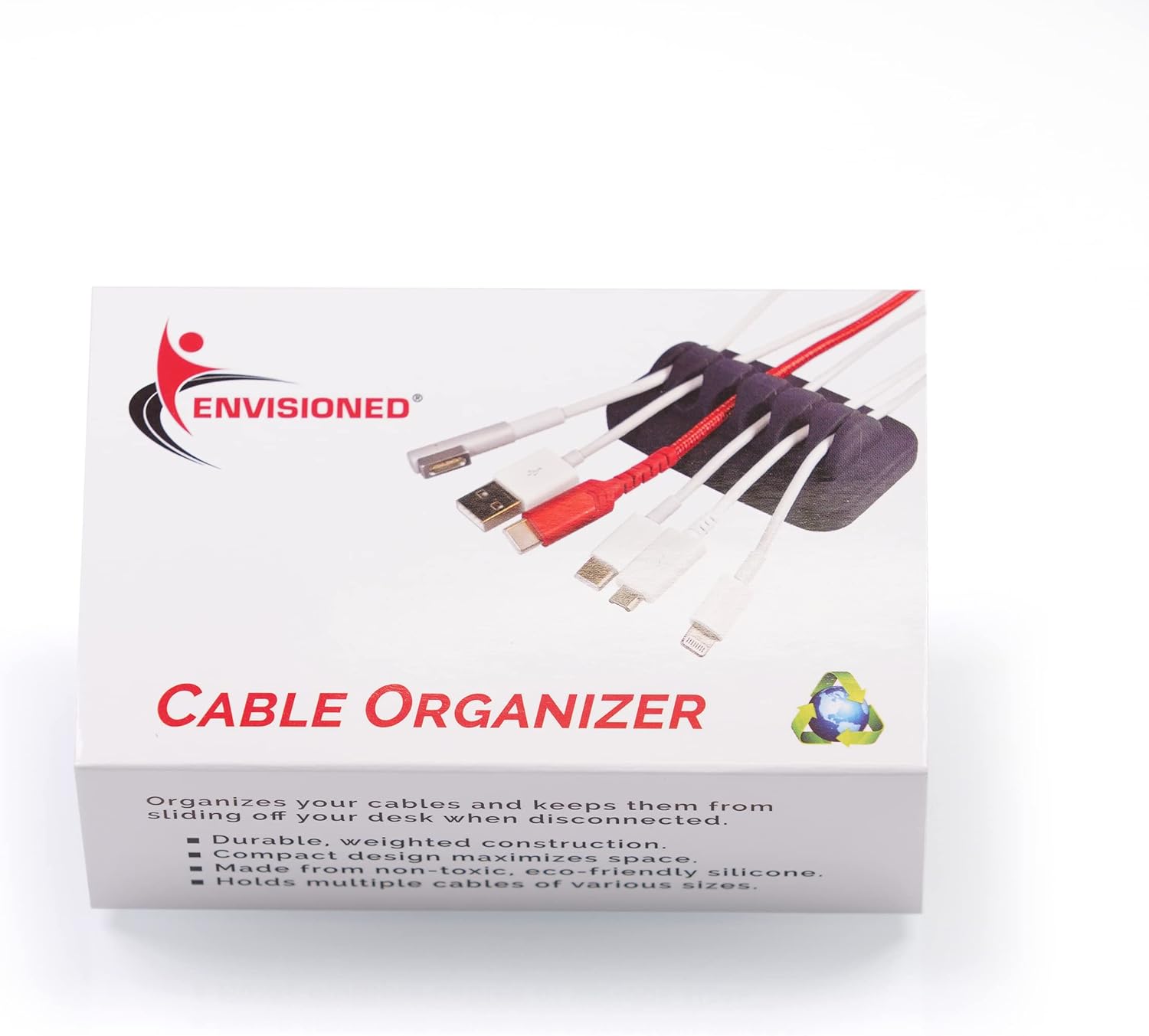 ENVISIONED Desktop Cable Organizer, Weighted, Eco-Friendly Silicone, No Bad Smell, Bundled with 4 Reusable Cable Ties (White)