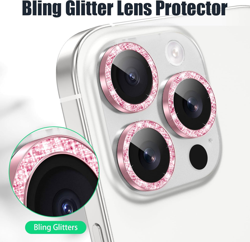 AGVEE 3+3 6 Pack for iPhone 16 Pro 6.3" / 16 Pro Max 6.9" Camera Lens Cover Protector, Bling Diamond & Bling Glitter Metal Ring 9H Tempered HD Glass Camera Cover Protector Film, Bling-Pink