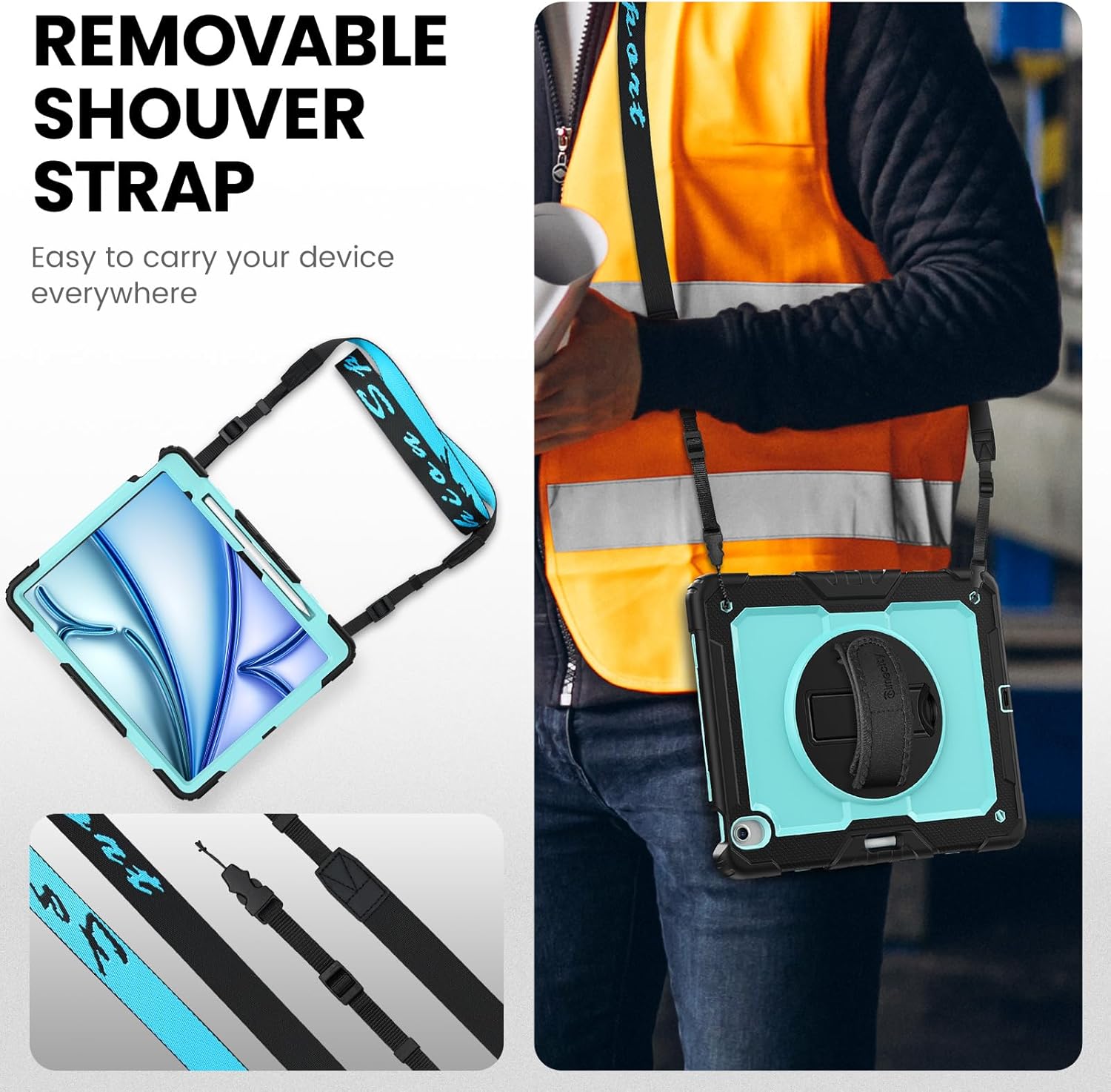 timecity for iPad Air 13 Inch Case M3 2025/ M2 2024, 360° Rotating Stand, Pencil Holder & Wireless Charging, Shockproof with Screen Protector & Shoulder Strap - for Designers & Professionals, Blue