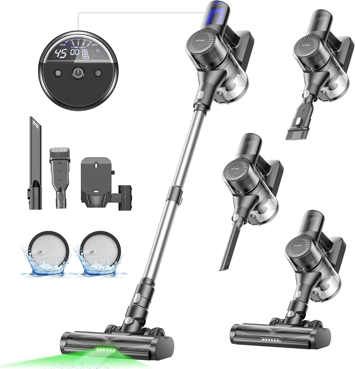 Ultenic Cordless Vacuum Cleaner, 550W 50Kpa Stick Vacuum with Car Dashboard Screen, Tangle-Free Brush for Pet Hair, Max 45mins Runtime, LED Display Tools for Hard Floor, Carpet, Car Cleaning, U12