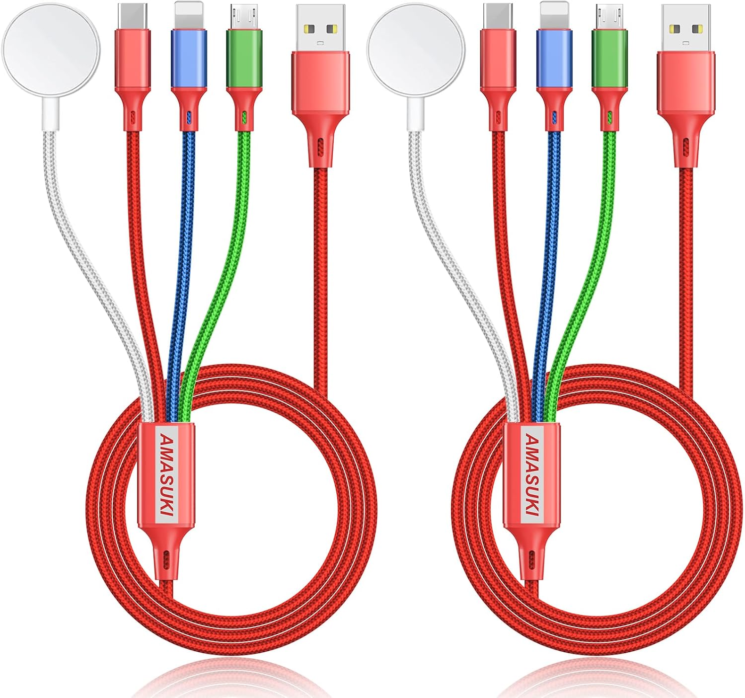 2Pack Travel Essentials Multi Charging Cable for Watch Charger 4 in 1 Fast Charger Camping Essentials USB C/L/Micro Compatible with Watch Series 10-1/SE/Ultra Phone 16 15/Galaxy Android-4FT/Red