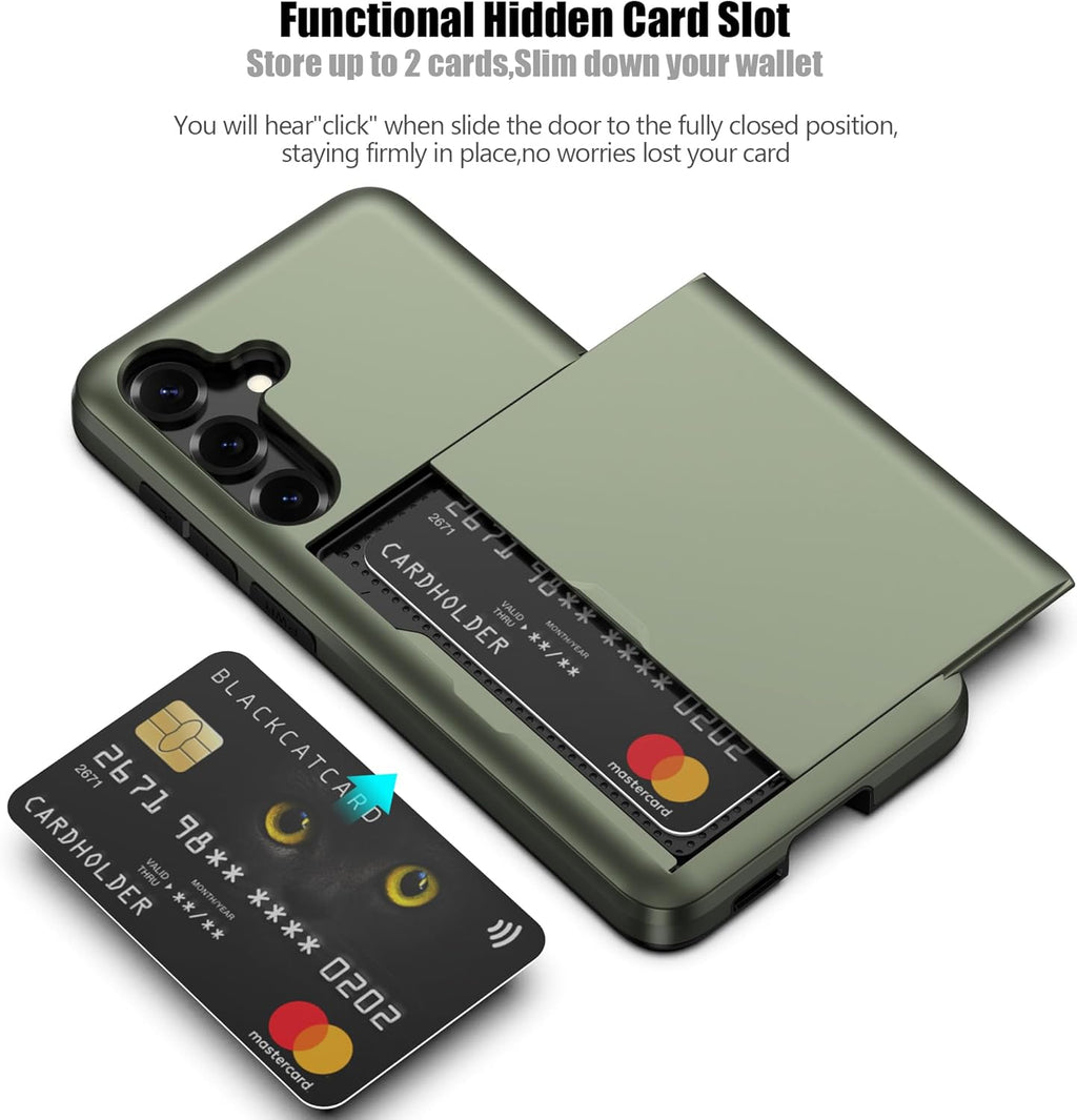 Nvollnoe for Samsung Galaxy S25 Case with Card Holder Dual Layer Heavy Duty Protective Case Hidden Card Slot Slim Wallet Cover for Samsung S25 6.2''(Green)