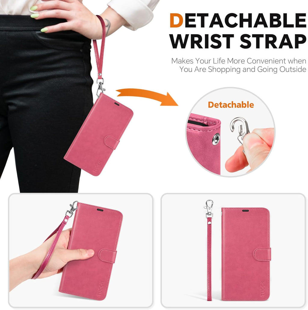 TUCCH Case for Galaxy S25 Plus, [Detachable] 2 in 1 Magnetic PU Leather Wallet Case Wrist Strap RFID Blocking Wireless Charging 4 Card Holder Stand Removable Folio Cover for Galaxy S25 Plus, Hot Pink